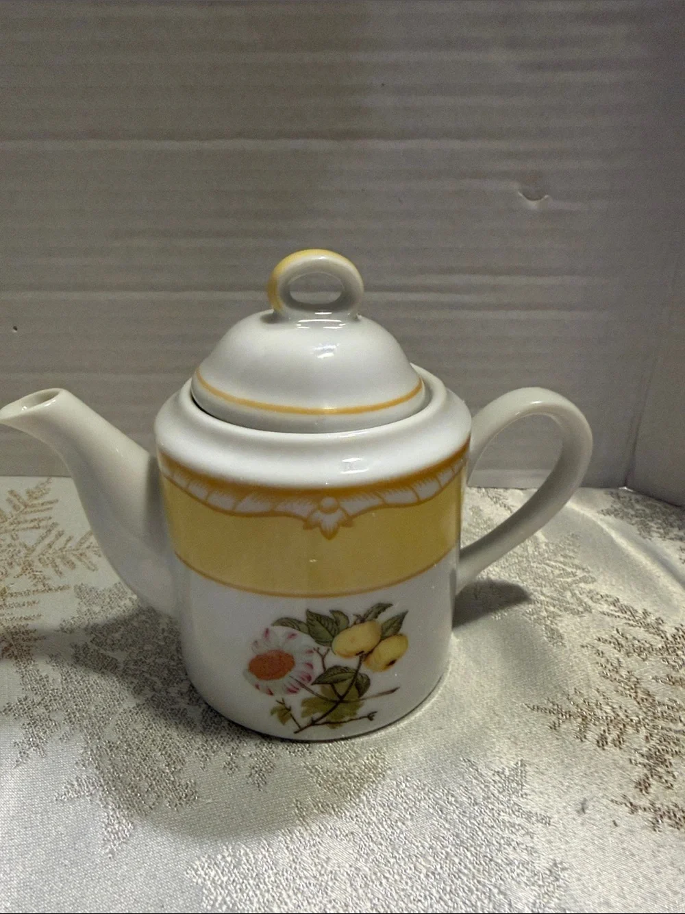 Porcelain Teapot with Yellow Band and Fruit Floral Motif